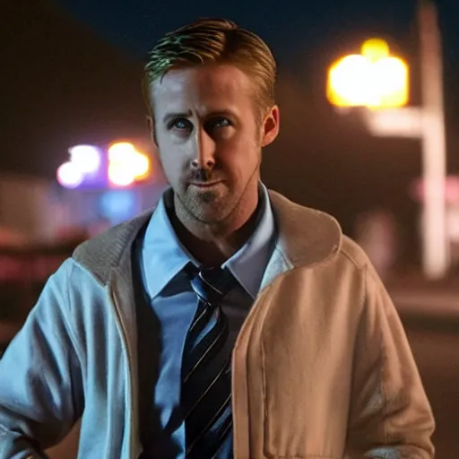 Image similar to Ryan gosling in Drive (2011) holding a baseball bat on his left hand and a goose mask on his right hand, grain, night, illuminated by a street light, atmospheric