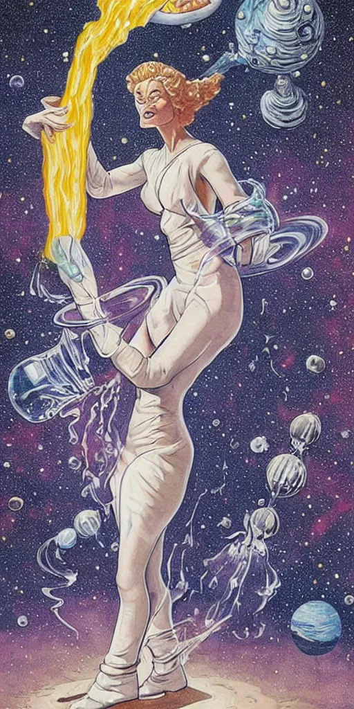 Prompt: a woman in a dress made of outer space pouring water from a vase into the milky way, by joe madura, by art adams.