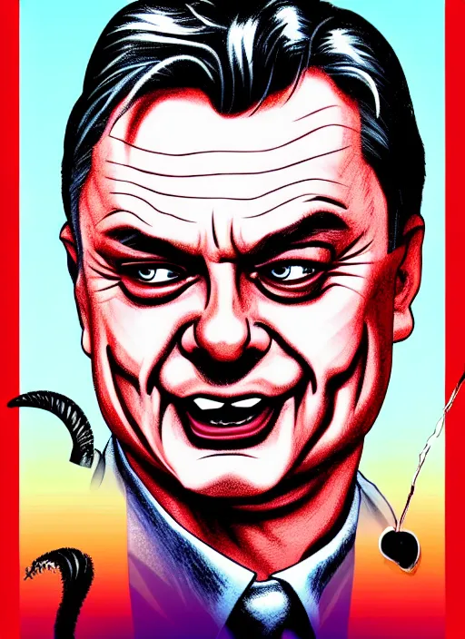 Prompt: glossy old advertising poster of viktor orban with rabies, night, drawn comic by junji ito, pastels, gradient,
