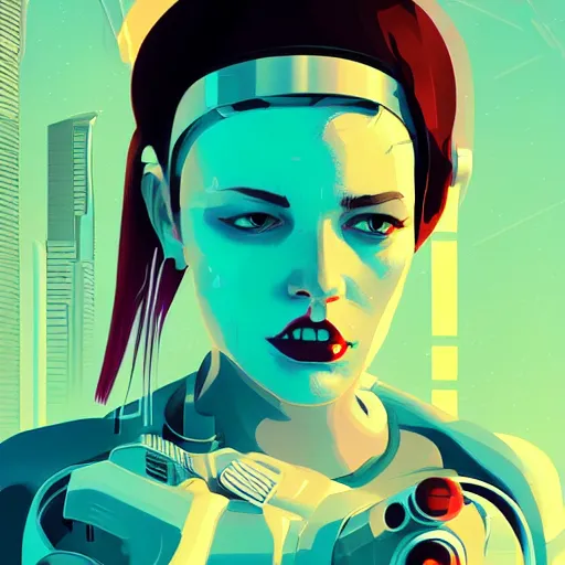 Image similar to butch cyborg woman repairs herself, cyberpunk art by james gilleard, cgsociety, retrofuturism, synthwave, retrowave, outrun