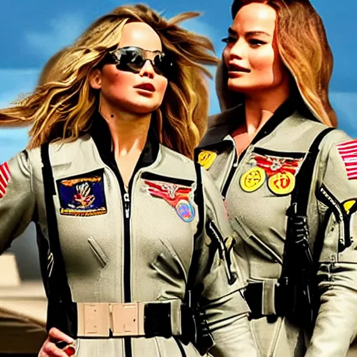 Prompt: promo photo of Jennifer Lawrence and Margot Robbie in new 2029 Top Gun reboot