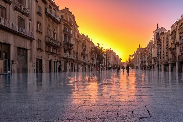 Image similar to views of catastrophic barcelona streets covered with water, global warming, sunset lighting, photo real