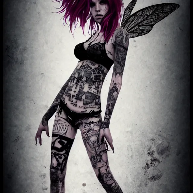 Image similar to full body pose, beautiful adult punk fairy, dirty, grungy, grunge, tattoos, piercings, combat boots, highly detailed, 4 k, hdr, smooth, sharp focus, high resolution, award - winning photo, artgerm, photorealistic