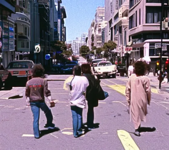 Prompt: color film still of aliens observing humans walking on the street in San Francisco in 1985