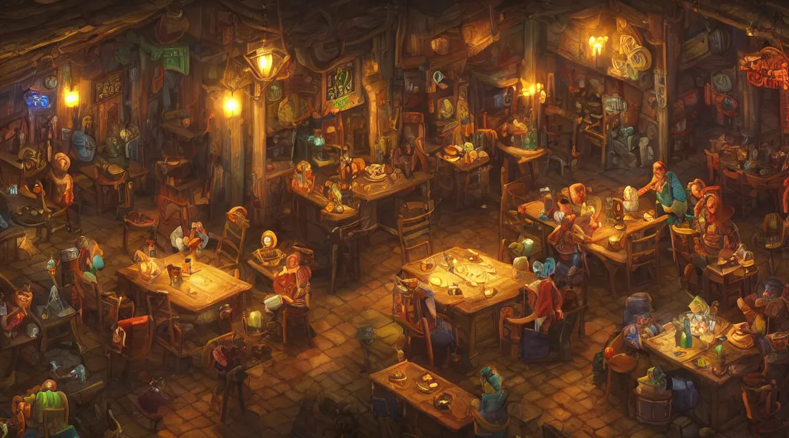 Prompt: A multidimensional cozy tavern, screenshot from hidden object game, cinematic lighting, epic composition, cartoon, animation, background art, post processing, 8K resolution