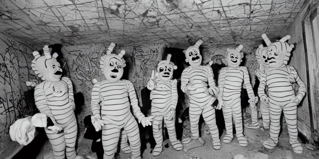 Image similar to Juggalo Teletubbies band photoshoot inside abandoned dollhouse, 1980s surrealism aesthetic, detailed facial expressions, graffiti on the walls and ceiling