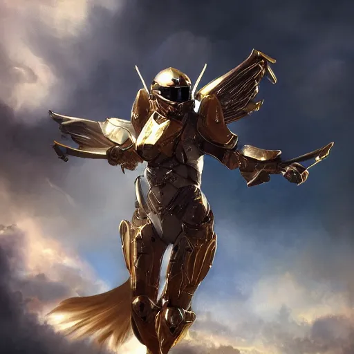 Prompt: full body picture of armored valkyrie descending from clouds, renaissance halo, gold lighting, cinematic, art, elegant, powerful, digital painting, sharp details