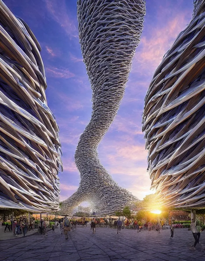 Image similar to vincent callebaut architectures, hyper realistic streetscapes stunning volumetric lighting sunset