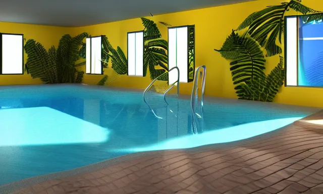 Image similar to 3d render of indoor pool with ferns and palm trees, pool tubes, chromatic abberation, dramatic lighting, depth of field, 80s photo