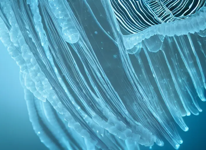 Image similar to a colossal translucent jelly fish with bioluminescent stripes, 4 k post - processing highly detailed, 3 d render, modern photography