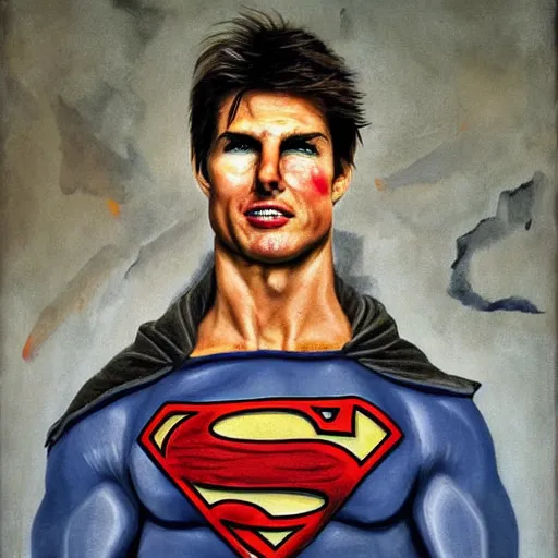 Prompt: ripped physique Portrait tom cruise wearing a superman costume whilst hurling a red orb standing atop a skyscraper lucian freud odd nerdrum john hoyland greg rutkowski chris cold andrew wyeth niel welliver peter doig robert rauschenberg mark ryden