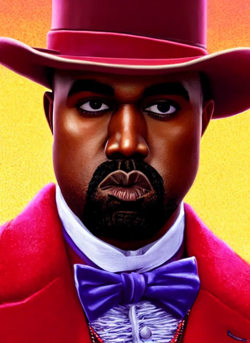 Prompt: portrait kanye west as willy wonka in red dead redemption 2, splash art, movie still, cinematic lighting, ray tracing, octane render, long lens, shallow depth of field, bokeh, anamorphic lens flare, 8 k, hyper detailed, 3 5 mm film grain