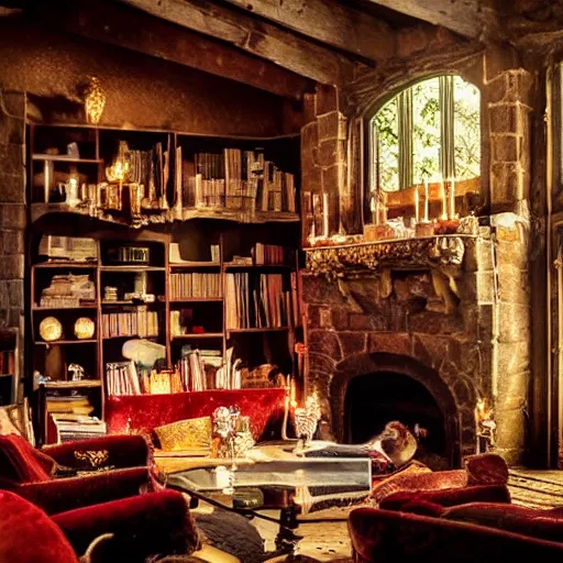 Image similar to A photograph of the Gryffindor common room, cozy arm chairs, a fire burning in the hearth, high ceilings, lit by many candles, light rays, magic aura, bloom, mysterious, a bat kitten sits there