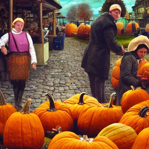 Prompt: pumpkin headed people selling goods at a market in a vermont town square, fall foliage, cobblestone streets, new england colonial buildings, intricate details, sharp focus, digital art, hyper realistic, 4 k, unreal engine, highly detailed, hd, dramatic lighting by brom, based on over the garden wall pottsfield, trending on artstation