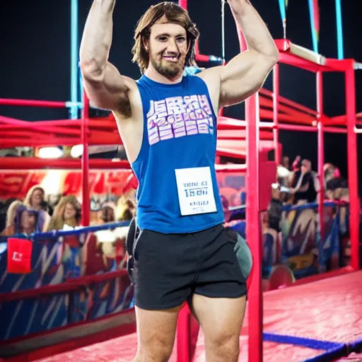 Image similar to jesus christ winning american ninja warrior, sports photography,