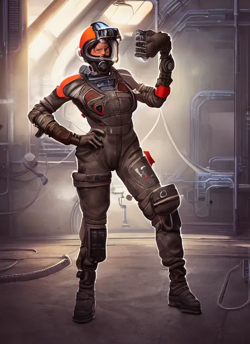 Prompt: character art of a female engineer wearing futuristic overalls, welding mask, toolbelt, heavy-duty boots, gloves, sharp features, hair tied up in a bun, videogame character, Starcraft 2, Factorio, Mass Effect, highly detailed full-body art, futuristic, serious, concentrated, industrial aesthetic, highly detailed, photo realistic, technical atmosphere, 8K, octane render, unreal engine