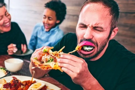 Image similar to a man unhinging his jaw while eating dinner with his family