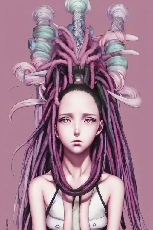 Image similar to portrait of an anime manga girl with pink and white snake dreads, straight on portrait, by artgerm, james jean, tom bagshaw, gerald brom, vaporwave colors, lofi colors, vaporwave, lofi, goth vibe, 4 k, smooth, hd, substance designer render, full body character concept art, symmetrical,