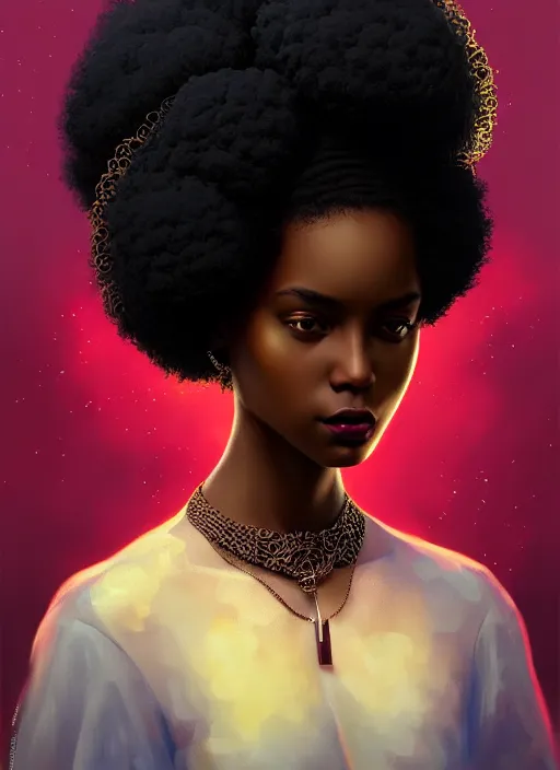 Image similar to portrait of young black woman with afro puffs, afro - futurist style, intricate, elegant gleaming jewelry, angelic halo, highly detailed, digital painting, artstation, concept art, smooth, sharp focus, illustration, art by wlop, mars ravelo and greg rutkowski