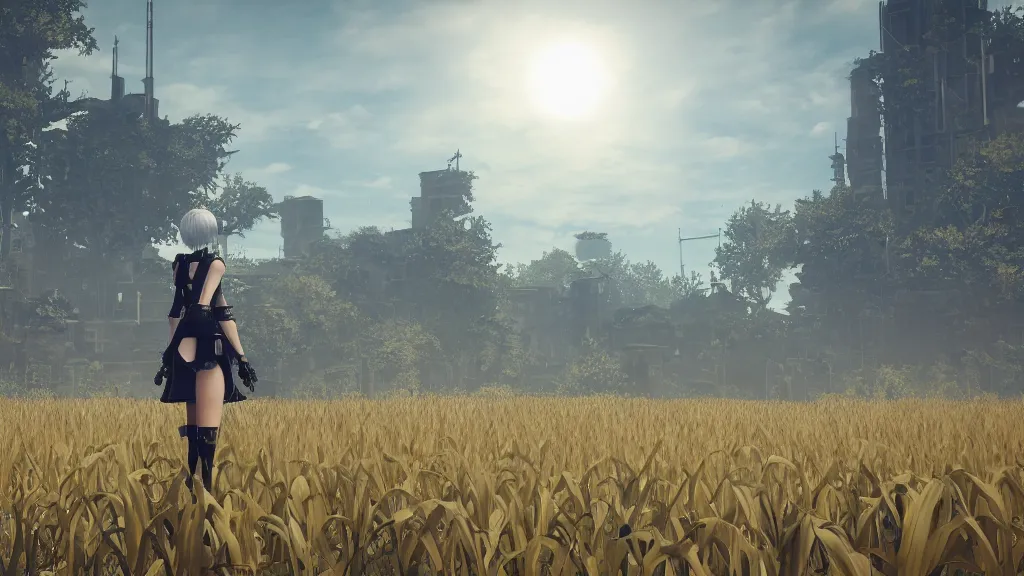 Image similar to Screenshot from Nier Automata in a beautiful countryside corn field