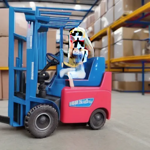 Prompt: barbie doll in construction gear, driving a fork - lift, in front of a large warehouse