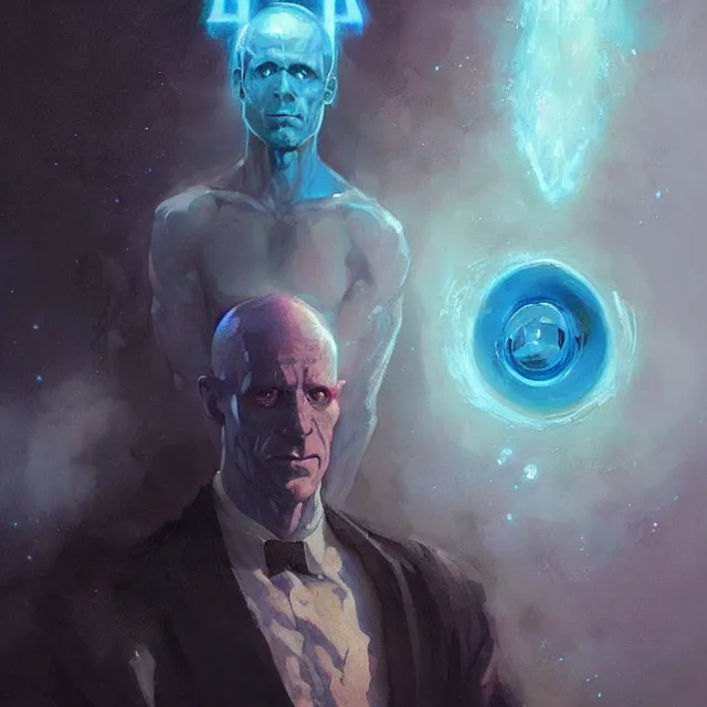 Image similar to a painting of doctor manhattan by greg rutkowski, dark fantasy art, high detail, trending on artstation