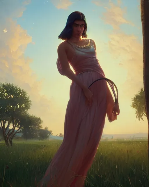 Image similar to portrait of Dua Lipa as a modest renaissance goddess, in GTA V, Stephen Bliss, unreal engine, by Greg Rutkowski, Loish, Rhads, Makoto Shinkai and Lois van baarle, ilya kuvshinov, rossdraws, global illumination, radiant light, detailed and intricate environment