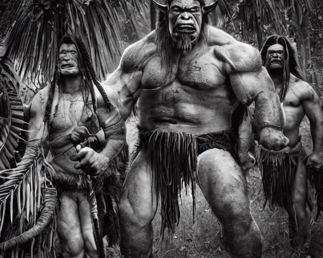 Image similar to hyper realistic group vintage photograph of a live action warcraft orc warrior tribe in the jungle, tall, hulk like physique, detailed faces, tribal paint, tribal armor, grain, old, monochrome, sepia toned, realistic lighting, wide angle