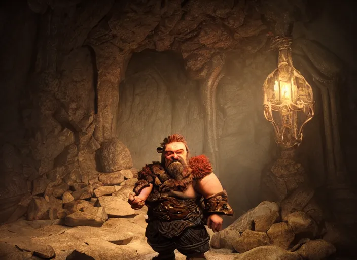 Image similar to Beautiful art portrait of a male fantasy dwarf in a dark cave structure with epic pillar, unreal 5, DAZ, hyperrealistic, octane render, dungeons and dragons, dynamic lighting, vray