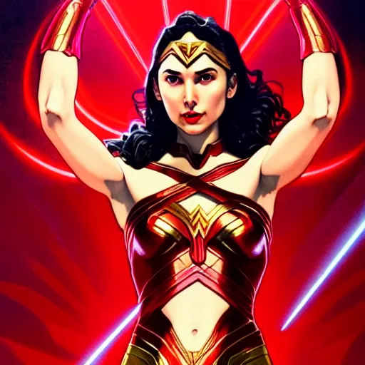 Image similar to gal gadot as darna, volumetric lights, red and cyan theme, art nouveau botanicals, intricate, highly detailed, digital painting, artstation, concept art, smooth, sharp focus, cinematic, illustration, beautiful face, art by artgerm and greg rutkowski and alphonse mucha