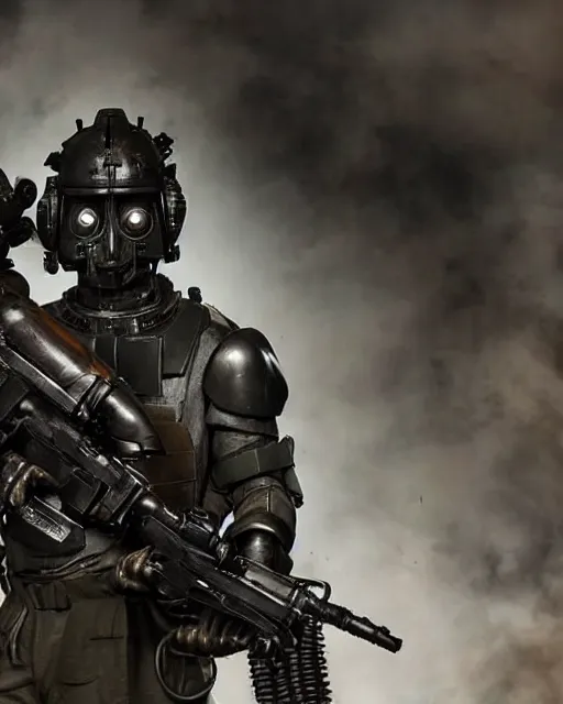 Image similar to Korean Actor Park Solomon as a Kerberos Panzer Cop in Live Action Jin Roh: The Wolf Brigade, wearing full Kerberos Panzer Cop armor and holding his MG 42 machine Gun, Studio Lighting, shot in the Style of Annie Leibovitz, Mamoru Ushii