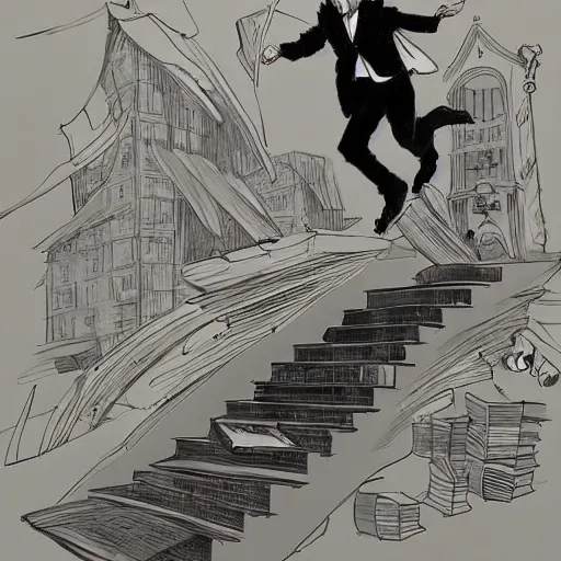 Image similar to a wizard running down a flight of stairs and dropping a bunch of books by Kim Jung gi