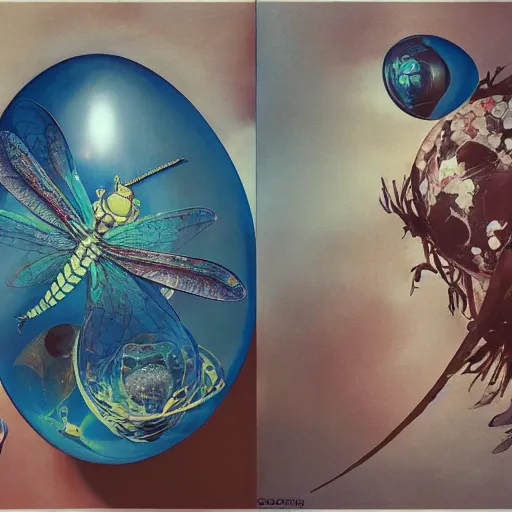 Image similar to surreal gouache painting, by yoshitaka amano, by ruan jia, by Conrad roset, by good smile company, detailed anime 3d render of big transparent resin egg in the cenrter of the screen with a magical dragonfly inside. dragonfly inside an egg, Surrounded by a big DJ Mixer, Controller deck, portrait, cgsociety, artstation, rococo mechanical and Digital and electronic, dieselpunk atmosphere