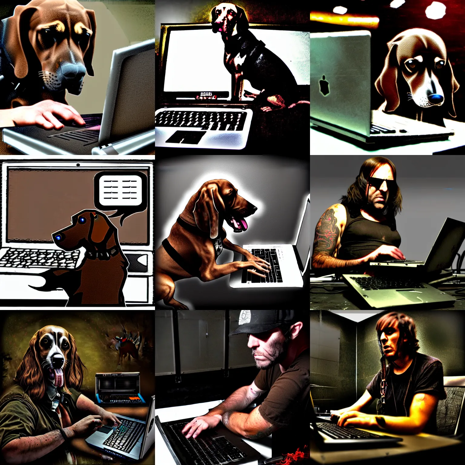 Prompt: the brown hound dog mad mutt mixing industrial music on a laptop in an apocalypsecore setting