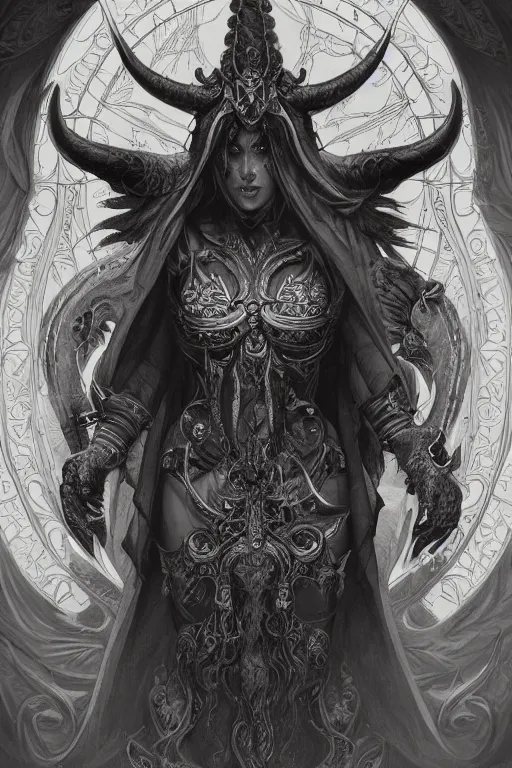 Image similar to ultra realistic illustration, baphomet from diablo and baldurs gate, intricate, elegant, highly detailed, digital painting, artstation, concept art, smooth, sharp focus, illustration, art by artgerm and greg rutkowski and alphonse mucha