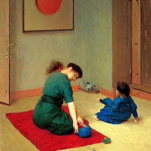 Image similar to A beautiful performance art harmony of colors, simple but powerful composition. A scene of peaceful domesticity, with a mother and child in the center, surrounded by a few simple objects. Colors are muted and calming, serenity and calm. ensō, scarlet by Ilya Repin, by Ron Mueck harrowing