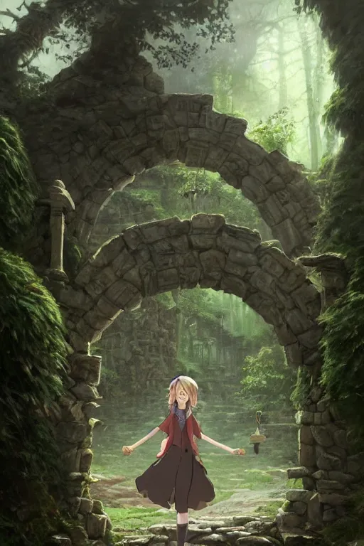 Image similar to a highly detailed matte painting of a teenager with shaggy hair and hip clothes standing in front of a stone gate in the elven forest ruins, by studio ghibli, by artgerm, by wlop, by greg rutkowski, detailed face, perfect eyes, volumetric lighting, octane render, 4 k resolution, trending on artstation, masterpiece