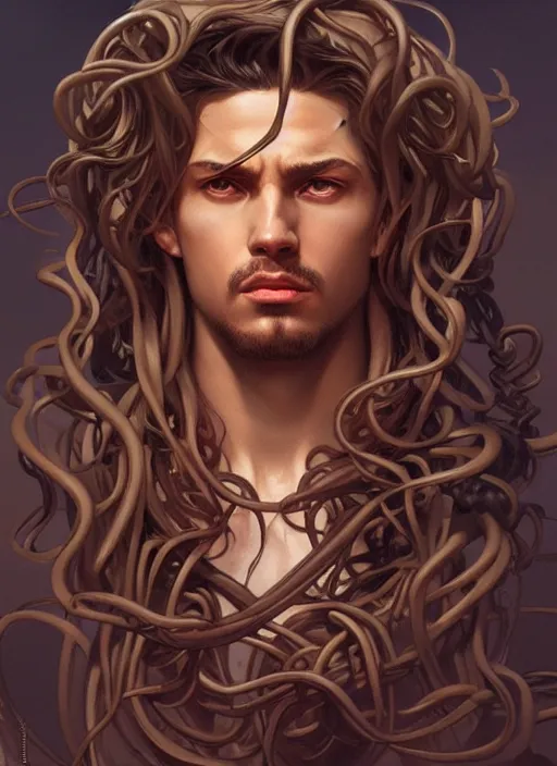 Image similar to male medusa, highly detailed, digital painting, artstation, concept art, smooth, sharp focus, illustration, art by artgerm and greg rutkowski and alphonse mucha