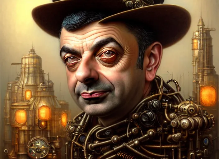 Image similar to steampunk portrait of rowan sebastian atkinson, fractal background, by tomasz alen kopera and peter mohrbacher