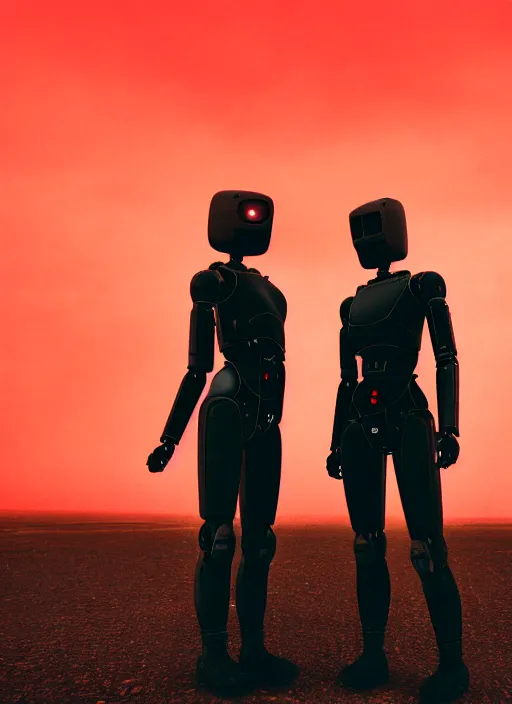 Image similar to cinestill 5 0 d photographic portrait of two loving female androids wearing rugged black techwear on a desolate plain with a brutalist monument and a red sky, extreme closeup, cyberpunk style, dust storm, 8 k, hd, high resolution, 3 5 mm, f / 3 2, ultra realistic faces, ex machina