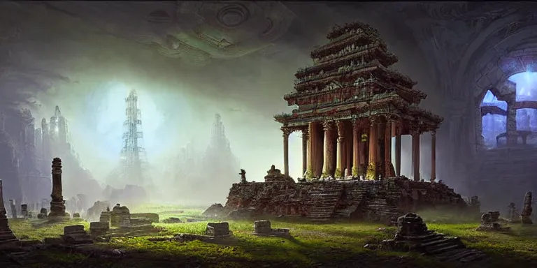 Prompt: beautiful hyperrealistic spectacular painting of the mysterious intricate ruins of the mysterious ancient temple, an advanced alien technology timemachine with a green glowing crystal from the future is inside the temple, by hubert robert and lee madwick and bastien lecouffe deharme, dramatic moonlight lighting, advanced technology