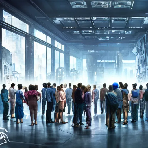 Image similar to large group people in a huge warehouse, gathered around a hologram of futuristic city on a table | cinematic concept art | godrays | 4 k | clear details | tabletop | tabletop | hologram foreground