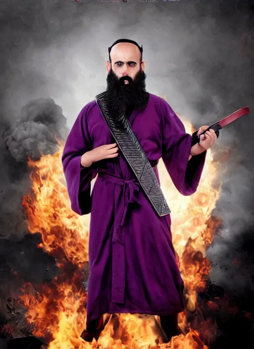 Image similar to action movie poster of an ultra orthodox bearded Christian priest wearing a deep purple robe with cloak, holding a machete. with an explosion behind him.