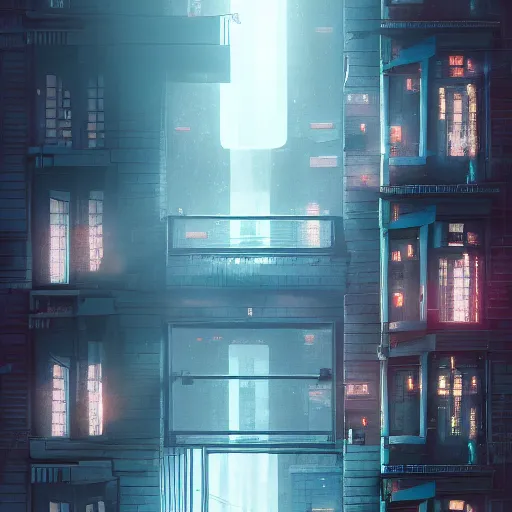 Image similar to One dilapidated building with only one window glowing. ArtStation, Cyberpunk, Vertical Symmetry, 8K, Highly Detailed, Intricate, Album Art.