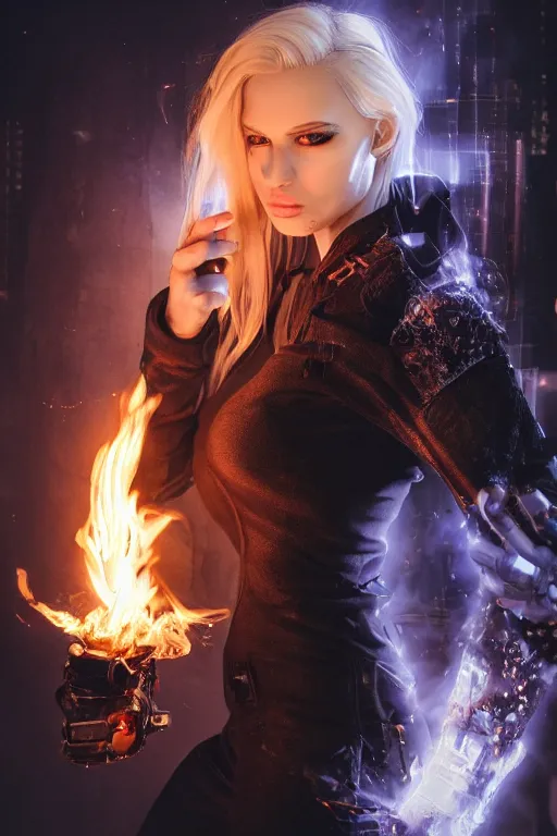 Prompt: gorgeous blonde woman with fire in her hand, cyberpunk, realistic, high definition, many details, symmetrical face, realistic eyes, art of arcane
