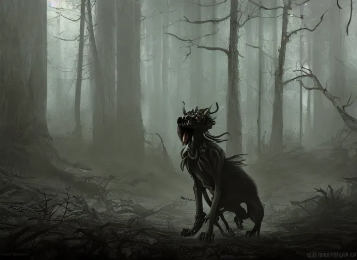 Image similar to concept art of a demon hound on a foggy forest, big trees, skeletons, creepy, epic painting, dark concept art, octane render, extremely detailed