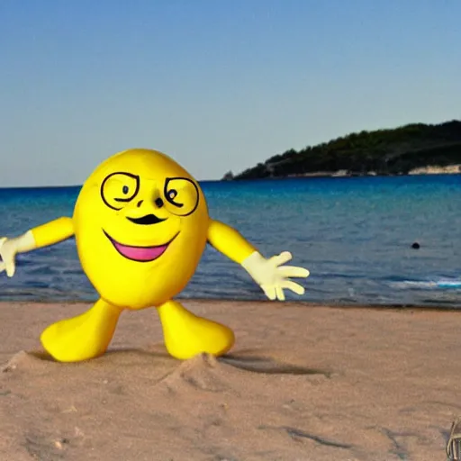 Image similar to a lemon cartoon character, that is muscular, is relaxing on a beach, inspired by dalle - 2
