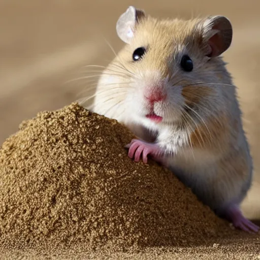 Prompt: Photo of a hamster making a big sandcastle, highly-detailed 4K award-winning