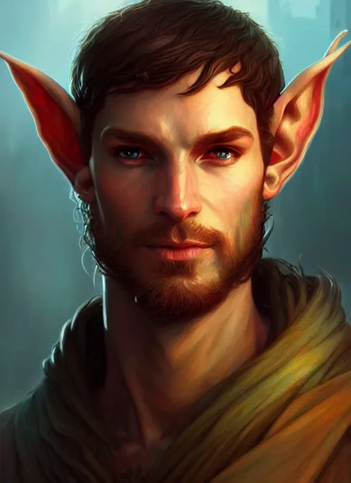 Prompt: rugged male elf rogue, d & d fantasy character portrait, transparent vibrant glowing skin, magical aura, ultra realistic, intricate, elegant, highly detailed, digital painting, artstation, smooth, sharp, focus, illustration, art by artgerm and greg rutkowski and alphonse mucha