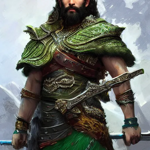 Prompt: An upper body shot portrait of a king with a trimmed beard, dual wielding swords, wearing green dragonscale armor and a cheetah pelt cloak, fantasy, digital art by Ruan Jia